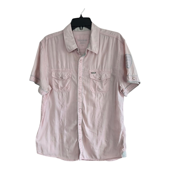 VTG Guess Shirt Men Sz Large Pink Snap Buttons Short Sleeve Pockets - Picture 1 of 15